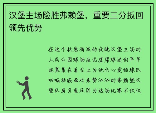 汉堡主场险胜弗赖堡，重要三分扳回领先优势
